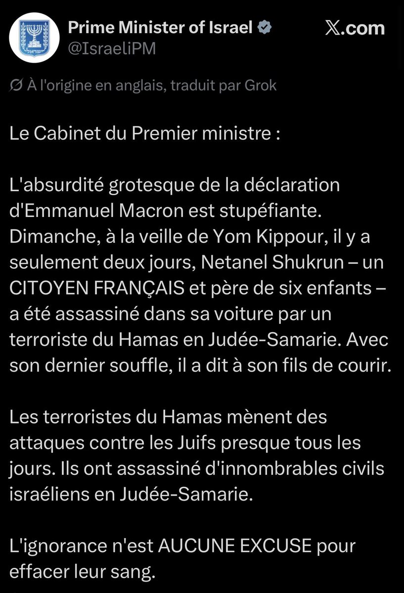 ChrysBarolin's tweet photo. La réponse du Premier ministre israélien à la fausse information avancée par le Président français à la tribune de l’ONU. Selon Emmanuel Macron, le Hamas n’agirait pas en Judée-Samarie/Cisjordanie. https://t.co/riydzN45Xu