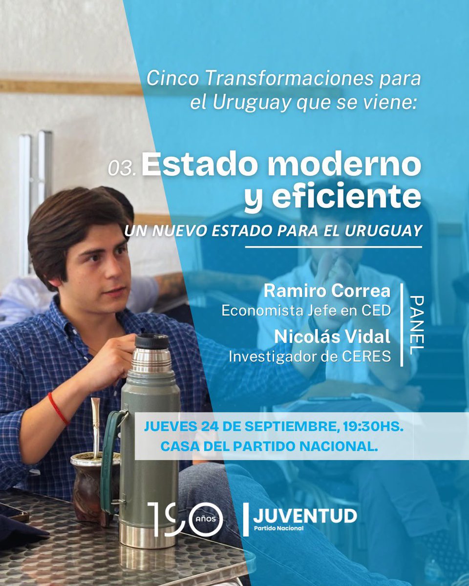 PNACIONAL's tweet photo. Estado moderno y eficiente

La Juventud del Partido Nacional te invita a conversar sobre un nuevo Estado para el Uruguay junto a Ramiro Correa, economista jefe en CED, y Nicolás Vidal, investigador de CERES.

📅 Jueves 24 de setiembre, 19:30 h
📍 Casa del Partido Nacional

¡Te esperamos!