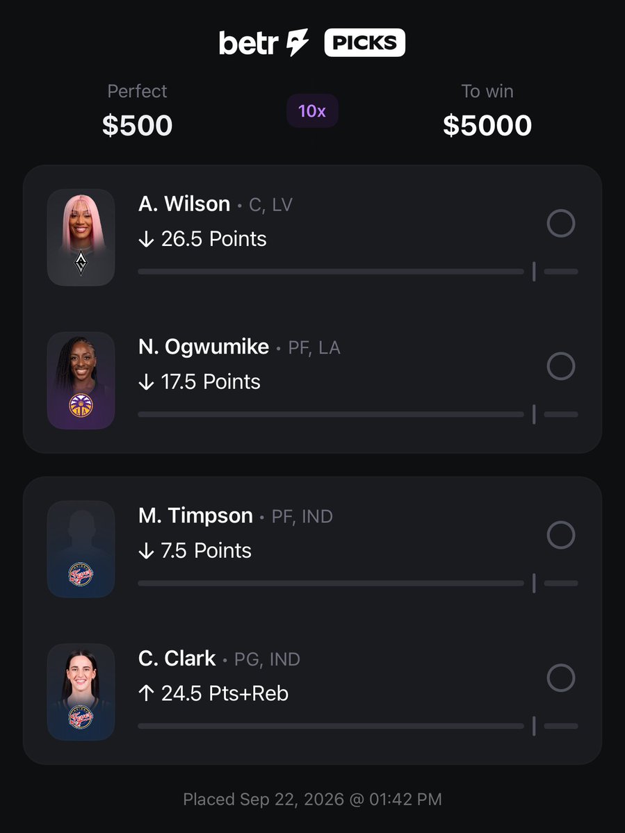 queenofparlay's tweet photo. Betr 10x WNBA slip 😤

A. Wilson Under 26.5 PTS
N. Ogwumike Under 17.5 PTS
M. Timpson Under 7.5 PTS
C. Clark Over 24.5 Pts+Reb

https://t.co/V0fB2awFU2

#PrizePicks #gamblingx #wnba https://t.co/TSFpQt6dPa