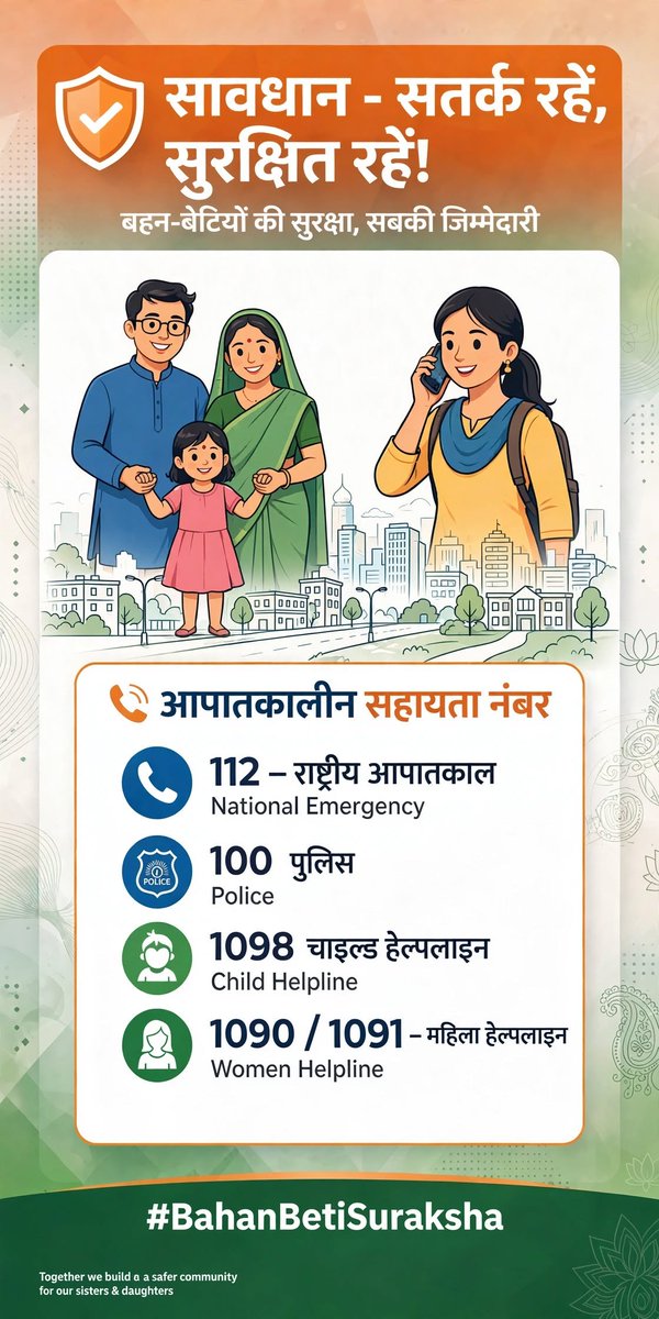 RNTripathi1664's tweet photo. सावधान - सतर्क रहें, सुरक्षित रहें!
बहन-बेटियों से निवेदन है:
1. घर से बाहर निकलते समय परिवार को जरूर बताकर जाएं 
2. लोकेशन शेयर ऑन रखें
 3. अकेले में सुनसान जगह और देर रात बाहर जाने से बचें 
4. अपने मोबाइल में ये इमरजेंसी नंबर सेव रखें
#Jamui #BahanBetiSuraksha #WomenSafety https://t.co/hrwESJ8VEJ