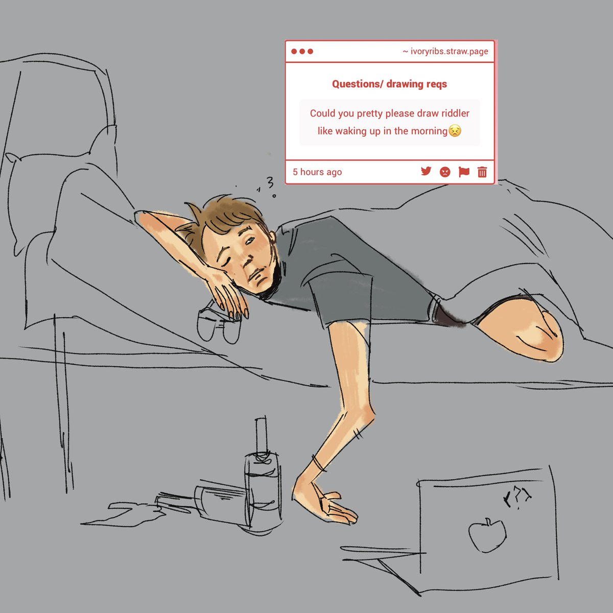 IVORYRIBS's tweet photo. fell asleep on reddit #riddler https://t.co/6jw8YEM0e3