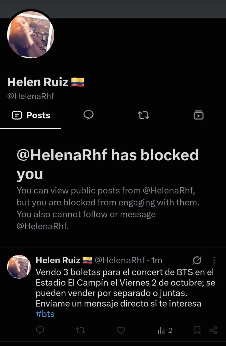 crybwrry's tweet photo. ESTAFADORA
@/rw7gn antes, ahora @/HelenaRhf
Foto 1 antigua cuenta/ foto 2 nueva cuenta
 (me bloqueó pq le comenté "estafadora")
Boletas bts 3 de octubre 2 de octubre Colombia VIP https://t.co/A23vWxiIbq