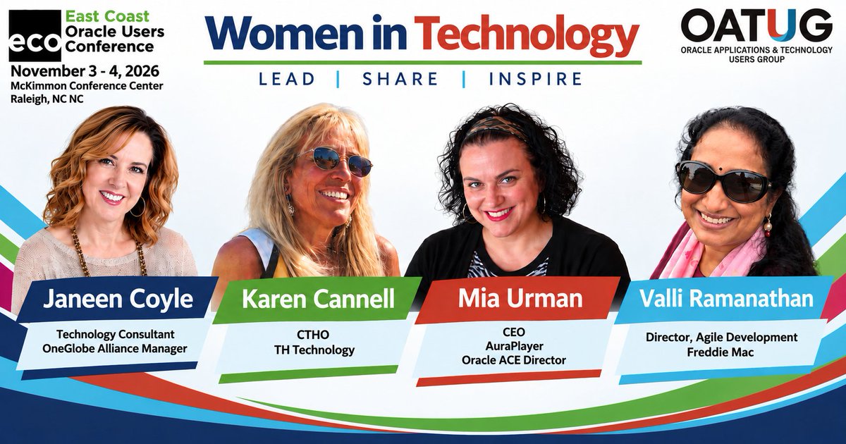 EastCoastOracle's tweet photo. Women in Technology at #ECO2026!
Meet Janeen Coyle, Karen Cannell, Mia Urman & Valli Ramanathanโfour talented women bringing their experience and expertise to the ECO stage!
Come learn from some of the best in the Oracle community!
#WomenInTechnology #Oracle #WomenInTech https://t.co/eTbTQgqy0g