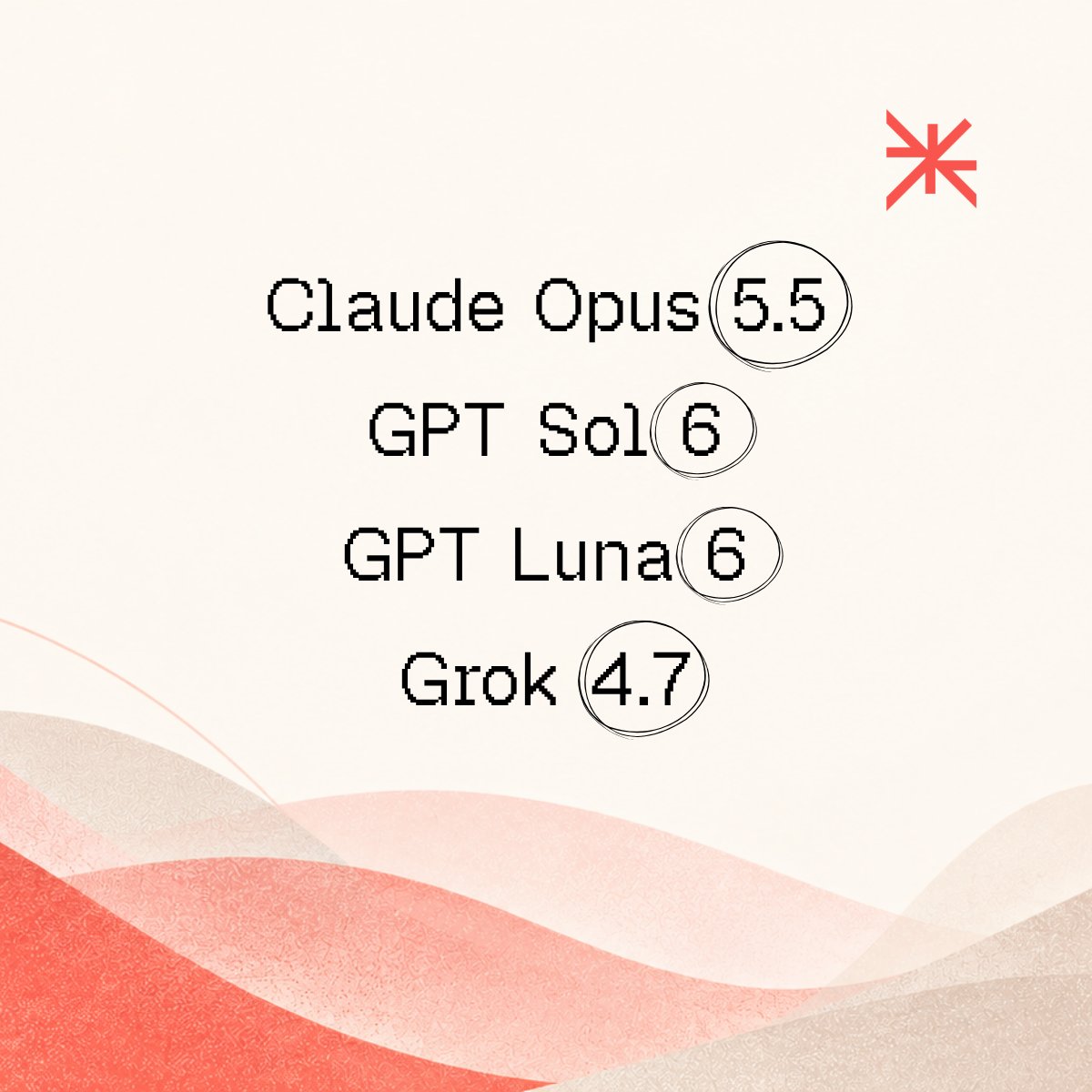 heybabbily's tweet photo. We've added Claude Opus 5.5, GPT Sol 6, GPT Luna 6, and Grok 4.7 to Babbily for all users! https://t.co/i1KSQnRMwb