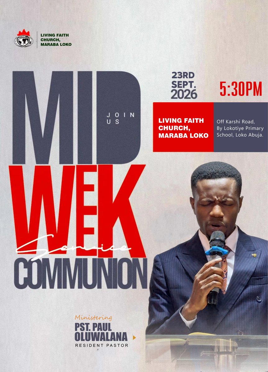 lfcmararabaloko's tweet photo. MIDWEEK COMMUNION SERVICE

Join us this Wednesday for Supernatural strength."They go from strength to strength, every one of them in Zion appeareth before God."

@5:30PM

We shall be waiting on the Lord in a fast.

Don't miss it. 

#Midweekservice
#TheWord
#TheCommunionTable https://t.co/jBDwUEJjwa