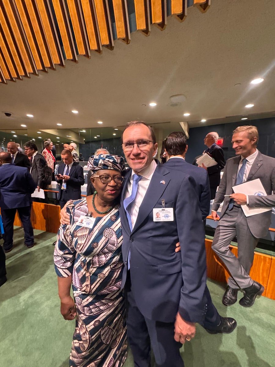 NOIweala's tweet photo. At the UN General Assembly Opening this morning taking in speeches by @UN SG @antonioguterres, the President of the General Assembly H.E. Khalilur Rahman @UN_PGA, and the leaders of Brazil and the United States, and catching up with various colleagues and Ministers. With President of @WorldBankGroup Ajay Banga, @RaniaAlMashat UN USG and Executive Secretary @UNESCWA, H.E. @EspenBarthEide MFA of Norway, H.E. Battsetseg Batmunkh @BattsetsegBatm2 MFA of Mongolia, and H.E. @shisir Khanal MFA of Nepal.