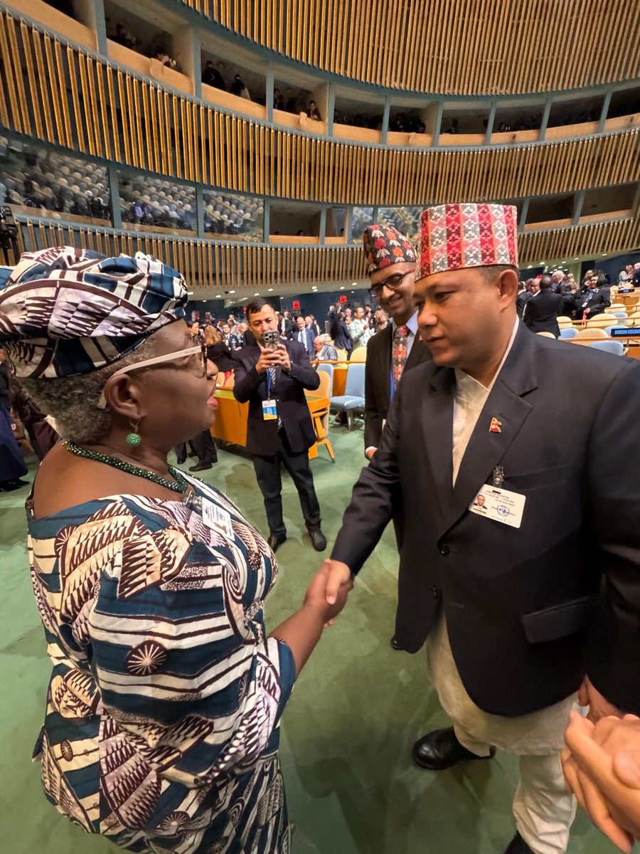 NOIweala's tweet photo. At the UN General Assembly Opening this morning taking in speeches by @UN SG @antonioguterres, the President of the General Assembly H.E. Khalilur Rahman @UN_PGA, and the leaders of Brazil and the United States, and catching up with various colleagues and Ministers. With President of @WorldBankGroup Ajay Banga, @RaniaAlMashat UN USG and Executive Secretary @UNESCWA, H.E. @EspenBarthEide MFA of Norway, H.E. Battsetseg Batmunkh @BattsetsegBatm2 MFA of Mongolia, and H.E. @shisir Khanal MFA of Nepal.