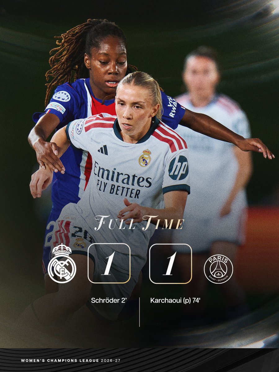 RealMadrid_GO's tweet photo. REAL MADRID 1-1 PSG
Reparto de puntos en la primera jornada de la Champions para las de Pau Quesada. Se adelantaron en el minuto 2 con un gol de Felicia Schröder, pero no pudieron ampliar la ventaja y acabaron encajando el empate de penalti en el 74.
#rmlive https://t.co/mU0Uqpn9h6