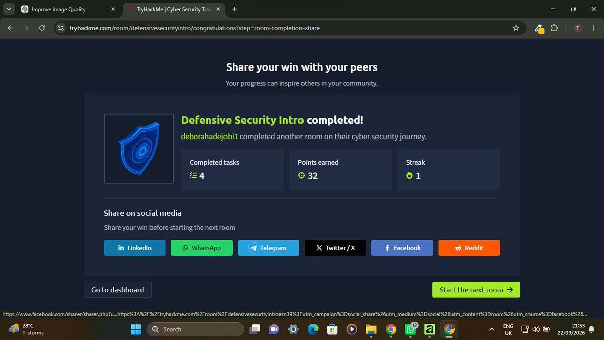 tessy_crown_160's tweet photo. Day 1/60
- Joined the CyberForge OAU community.
- Completed offensive and defensive security intro in TryHackMe.
#60DaysofCuberForge #CyberForgeOAU @the_cyberforge https://t.co/lbziKgttj6