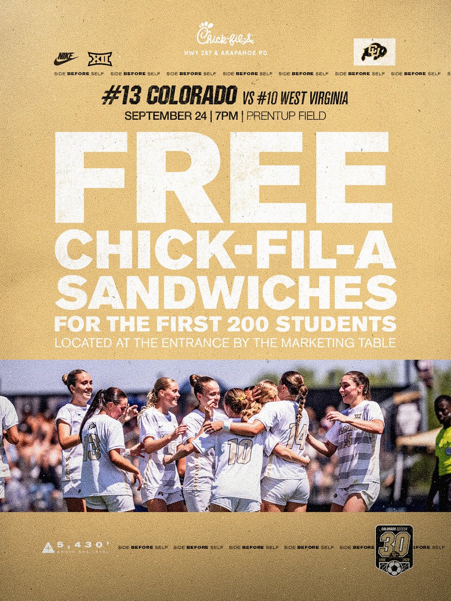 CUBuffsSoccer's tweet photo. Come hungry. Get loud.
First 200 students at Prentup for Thursday’s match 🆚 West Virginia get a FREE Chick-fil-A sandwich! C U there 👀
#GoBuffs \\ #SideBeforeSelf https://t.co/NBrn0KR8In
