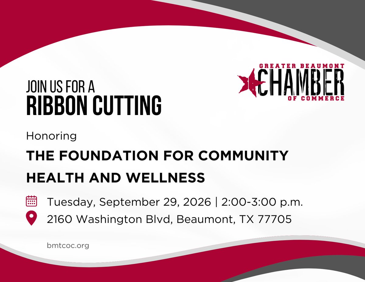BMTChamber's tweet photo. Please join us as we celebrate The Foundation for Community Health and Wellness with a ribbon cutting recognizing an exciting new chapter for the organization. Come meet the team, learn more about their services, and help us celebrate this important milestone.
#GBCOC #BeaumontTx https://t.co/xQ3mQhc0KE
