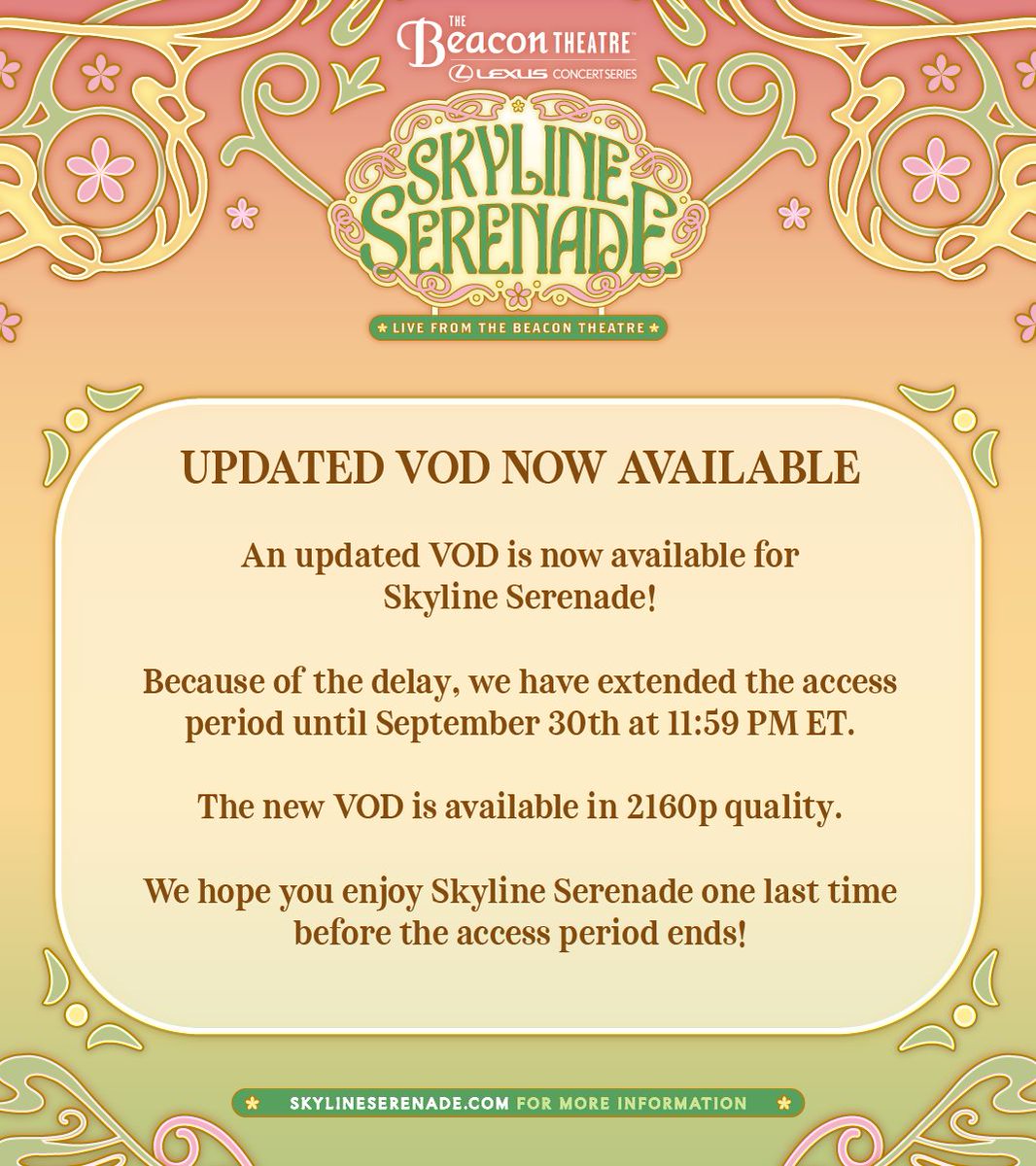 oshiSPARK's tweet photo. The VOD access for #SkylineSerenade has been extended until September 30th, and now is available in improved quality, up to 2160p!

We apologize for the delay, but hope you can enjoy the show one more time before the viewing period ends!

Link below to the VOD 👇🔗 https://t.co/1kIo0OcMQx