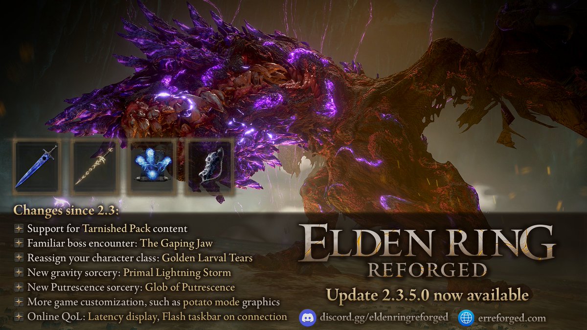 ERReforged's tweet photo. 🌟ELDEN RING Reforged 2.3.5.0 🌟
Venture into the lightless reaches beneath Siofra River to challenge the Sovereign Eternal and witness the fate of a lost, young Silver Tear. Further, bring an end to the Gaping Jaw's ceaseless hunger, beneath the snow.
https://t.co/bM3Ivd55Ak https://t.co/Myg13N3buK