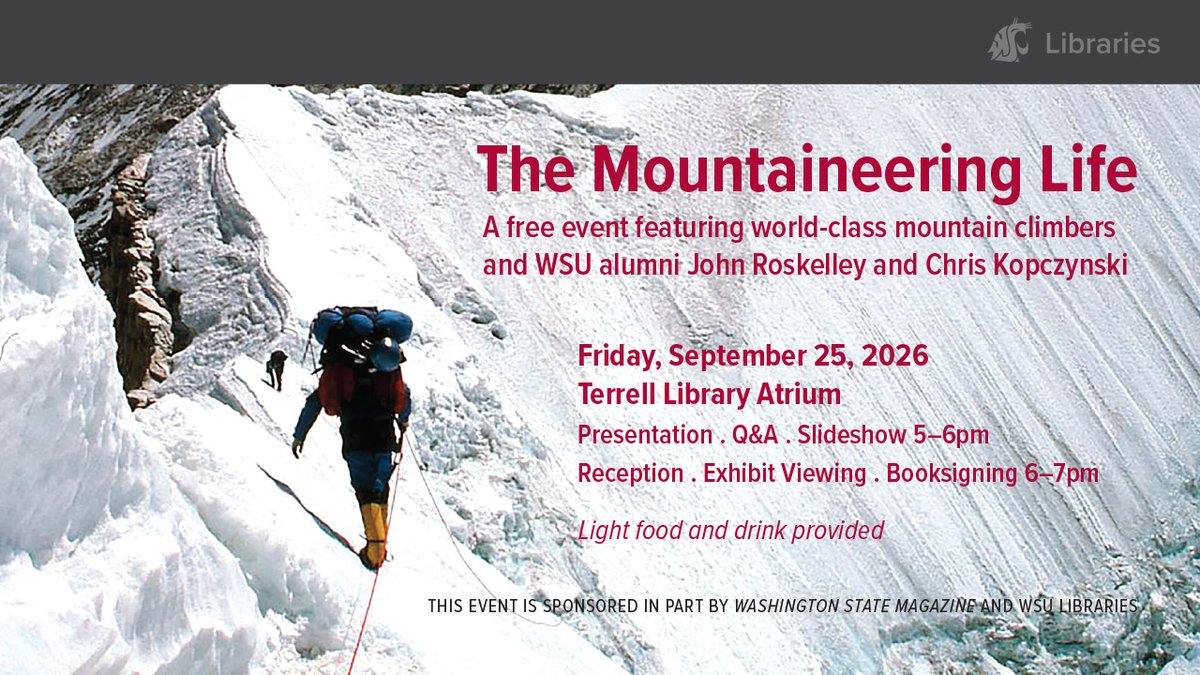 WSULibraries's tweet photo. Please join us for the official opening of the new #WSUPullman Libraries' MASC exhibit, "The Mountaineering Life" on Friday, Sept. 25th.  After this event MASC is open to see the exhibit M-F 9am-4pm
Info: https://t.co/eav7vqApSo https://t.co/o7pSJ3lZ12