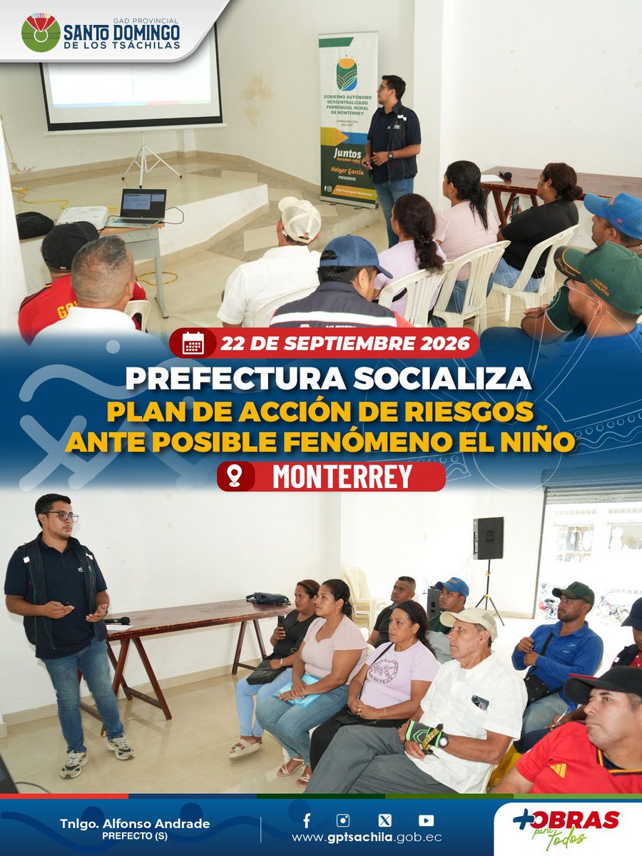 GadTsachilas's tweet photo. 📍Monterrey 
Seguimos fortaleciendo la acción comunitaria en las parroquias rurales con el acompañamiento de nuestra Dirección de Riesgos, orientando la construcción del plan de acción frente al fenómeno El Niño. 💦👷🏻 https://t.co/LXb0QkRJwz