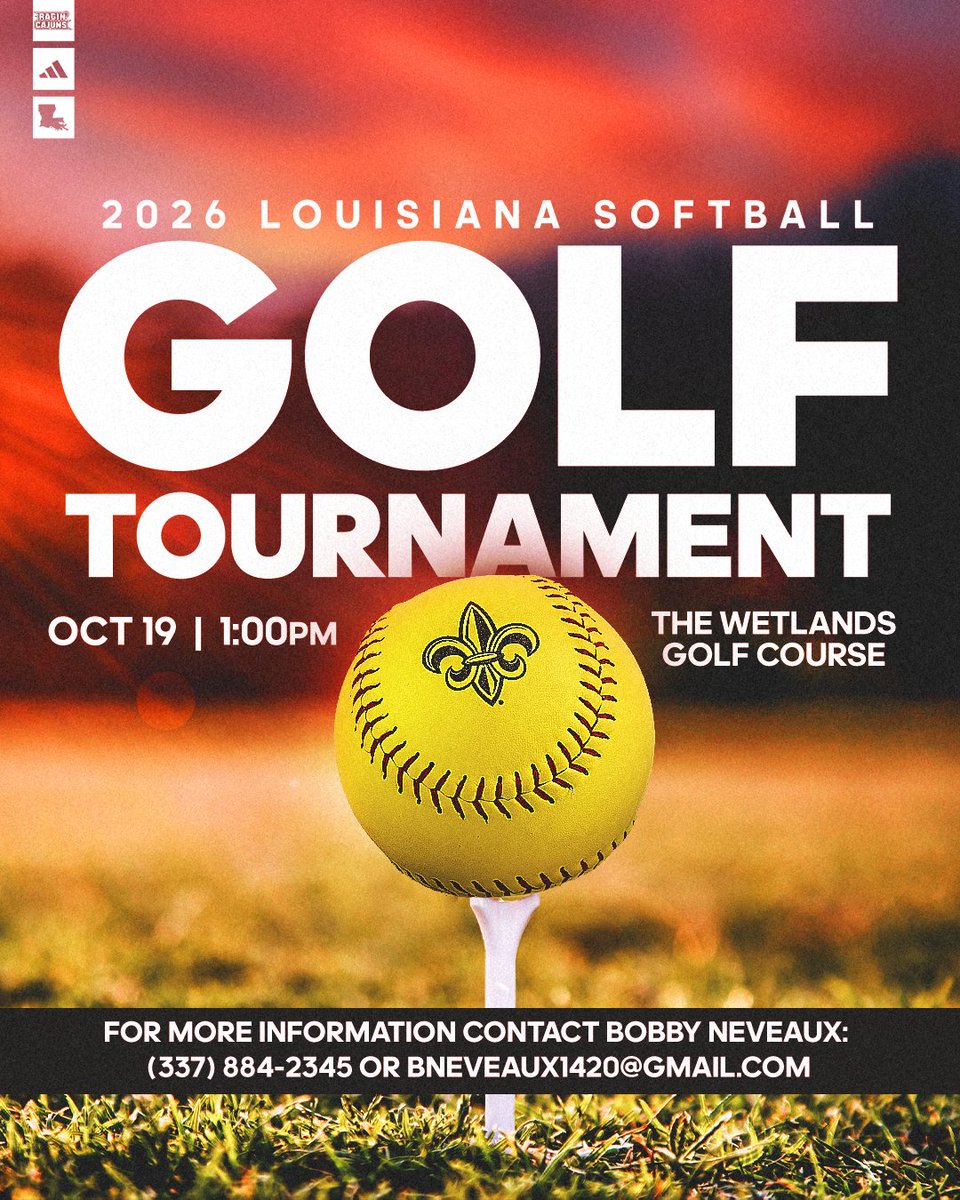 RaginCajunsSB's tweet photo. another week closer to tee time, so make sure to get your spot ⛳️ ✖️ 🥎

📆 𝗠𝗼𝗻𝗱𝗮𝘆, 𝗢𝗰𝘁. 𝟭𝟵 // 𝟭:𝟬𝟬𝗽𝗺
📍 The Wetlands Golf Course
📫 (mail) https://t.co/HcioSFfwpt
💻 (online) https://t.co/v5l4MmQBOs

#GeauxCajuns https://t.co/CwZB7Twz55