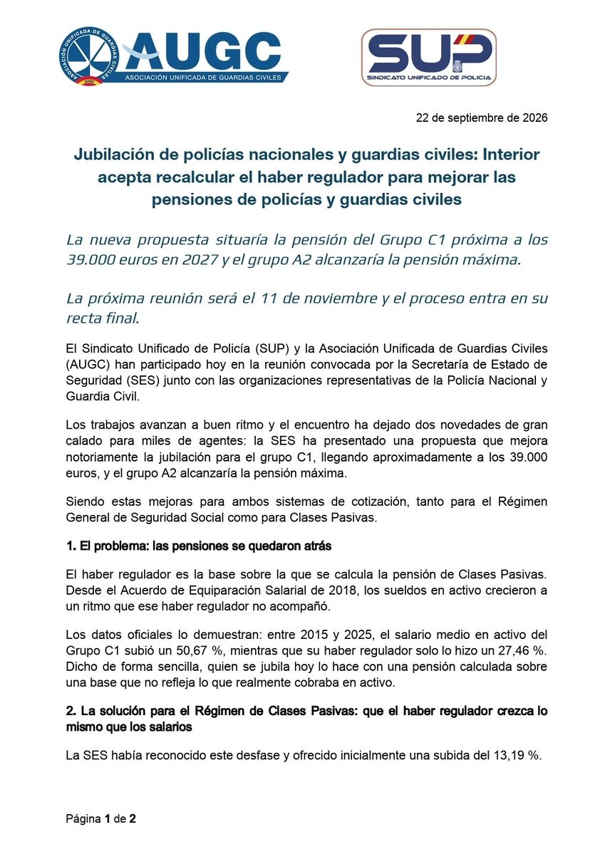 Sup_Policia's tweet photo. 📉 El sueldo en activo del Grupo C1 creció un 50,67 % en la última década. Su pensión, calculada sobre un haber regulador congelado, apenas un 27,46 %.

Ese es el problema que el SUP —junto a otras organizaciones representativas de la Guardia Civil y la Policía Nacional— ha puesto sobre la mesa de la Secretaría de Estado de Seguridad. Y la respuesta empieza a llegar. 🔎

La nueva propuesta actualiza el haber regulador conforme a la subida salarial real: de 24.332,96 € en 2015 a una cifra próxima a los 39.000 € en 2027 para el Grupo C1. El Grupo A2 llegaría a la pensión máxima.

A eso se suma la jubilación anticipada para el régimen general: un coeficiente reductor de 0,20 por año de servicio, que puede adelantar el retiro hasta cinco años (seis con 37 años cotizados). 📆

Nada está cerrado hasta que quede blindado en ley. Próxima cita: 11 de noviembre.

El SUP sigue defendiendo tu futuro. Súmate desde el primer comentario⤵️
