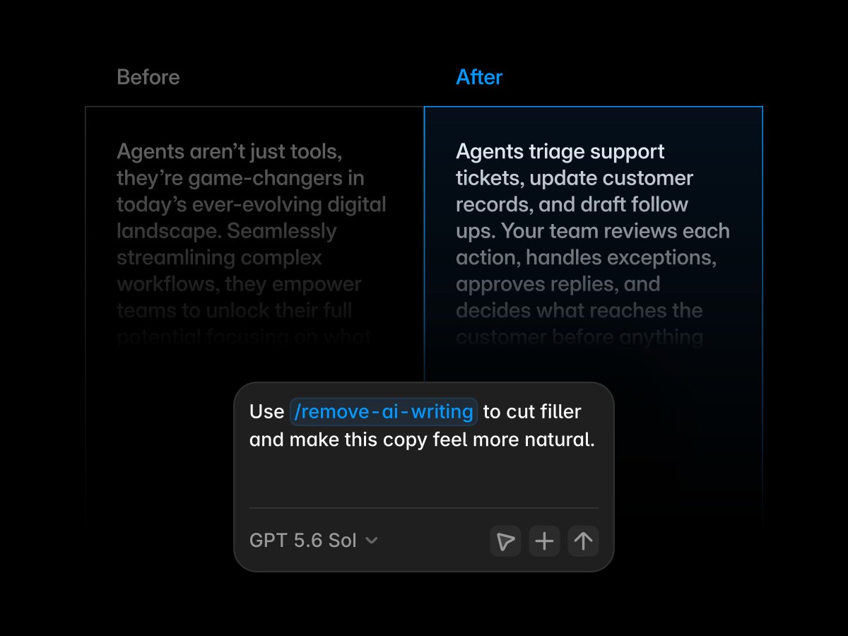 DesignedByPaul's tweet photo. Another internal favourite is /remove-ai-writing, aka Stop Slop.

We use Codex and the Framer Agent to draft copy for our website, then run this skill to cut filler and make the writing sound more natural. https://t.co/JXjHhjYDux