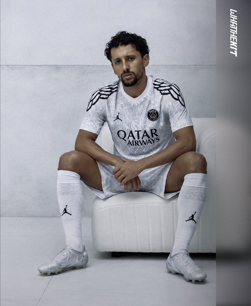 PSG_Report's tweet photo. Khvicha Kvaratskhelia, Ousmane Dembélé, and Marquinhos in PSG’s fourth kit for this season.

Releasing in early 2027, as “Jordan Wings 2.0”

@Footy_Headlines @whatthekit_x ⚪️⚫️ https://t.co/oAk291gdly