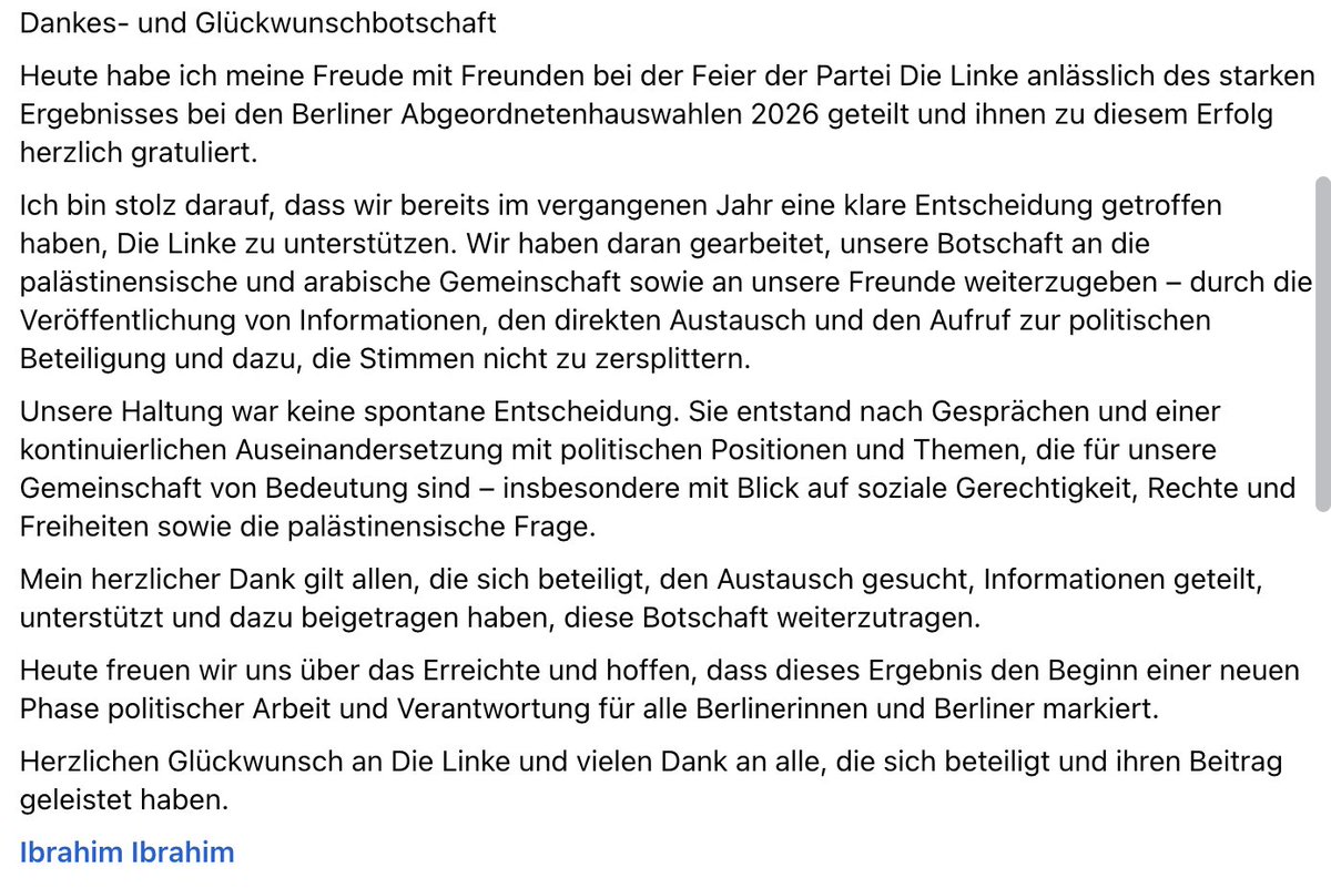 JanSchipmann's tweet photo. Das ist unfassbar.

Während die Linke sich um größte Distanz bemüht, hat PLFP-Terror-Unterstützer Ibrahim Ibrahim auf Facebook schon lange einen Dankestext gepostet.

Darin erklärt er, wie von lange Hand geplant war, die "Freunde" mit Stimmen zu unterstützen. Aber lest selbst. https://t.co/iSDWXidb3W