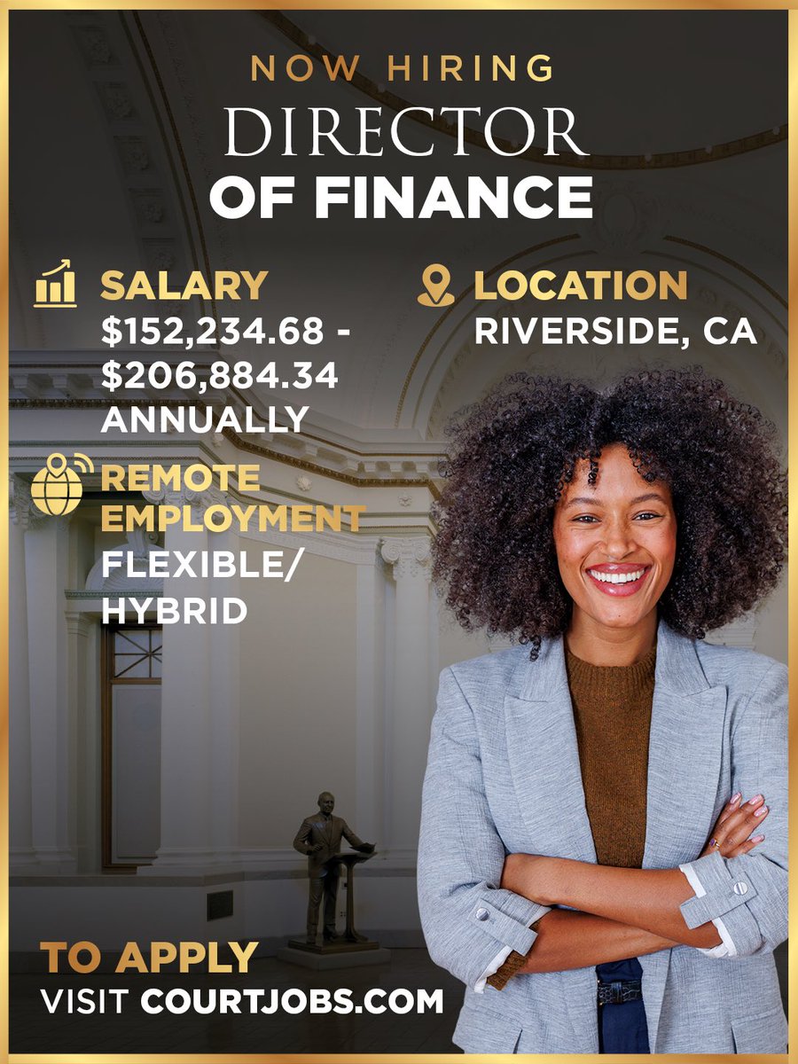RivSupCourt's tweet photo. We’re hiring a Director of Finance! 💼

Join Riverside Superior Court and help guide our financial strategy, operations, and long-term planning while serving the public.

📍 Riverside, CA
💰 $152K–$207K annually
🏠 Hybrid opportunities

Apply today at https://t.co/eXbssijzQt. https://t.co/uQlfDNP4eC