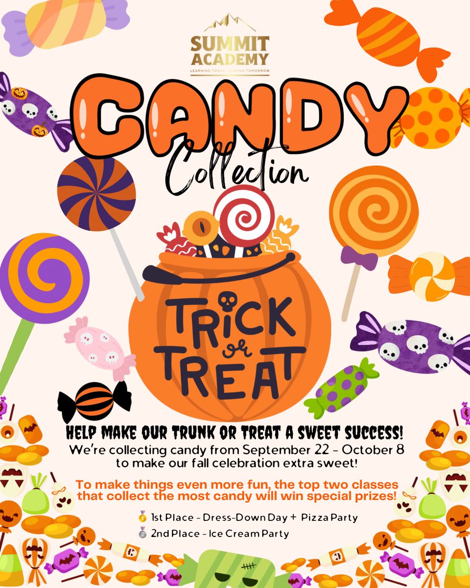 summitcharter_'s tweet photo. 🍭 Help us make Summit’s Trunk or Treat extra sweet! 🍬

Our Candy Collection is happening Sept. 22 through Oct. 8! Send in your candy donations and help your student’s class compete for some sweet prizes, including a Pizza Party and Ice Cream Party! 🍕🍦

Every bag counts! 🍭🍬 https://t.co/wW8gQLlAyp