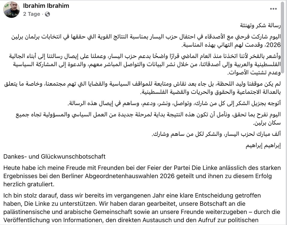 JanSchipmann's tweet photo. Das ist unfassbar.

Während die Linke sich um größte Distanz bemüht, hat PLFP-Terror-Unterstützer Ibrahim Ibrahim auf Facebook schon lange einen Dankestext gepostet.

Darin erklärt er, wie von lange Hand geplant war, die "Freunde" mit Stimmen zu unterstützen. Aber lest selbst. https://t.co/iSDWXidb3W