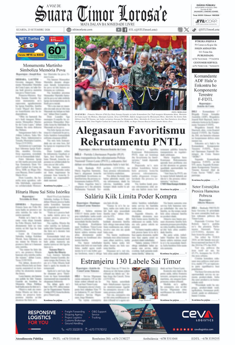 STLTimorLeste's tweet photo. Lee notísia kompletu iha Jornal Suara Timor Lorosa'e (STL) edisaun Kuarta 23 Setembru 2026. 

- Atu sai asinante fulan ida kustu US$ 11 &amp; Publisidade kontaktu:
* Marcos da Silva: +67076163661
* Joseph Koa: +670-78053212

#SuaraTimorLorosae #STL #TimorLeste https://t.co/MhXGgThrAX