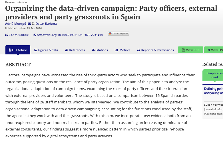 JITP_APSA's tweet photo. 🆕🚨 This study compares 15 #Spanish parties through the lens of 28 staff members to analyze the organizational adaptation of campaign teams, examining the roles of party officers &amp; the interactions with external providers &amp; volunteers @AdriaMompo @UV_EG
@apsa_itp 
@tandfonline https://t.co/Ntn1DNETEo