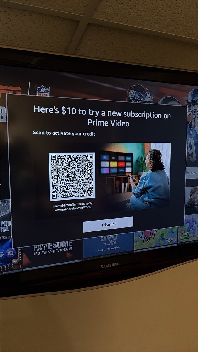 dab1rdman's tweet photo. @CordCuttersNews never seen a pop up like this before on a fire stick. I scanned it and it gave me 10 bucks for prime video. I am a prime subscriber already but i assume its for other video services through prime https://t.co/P4awckU43a