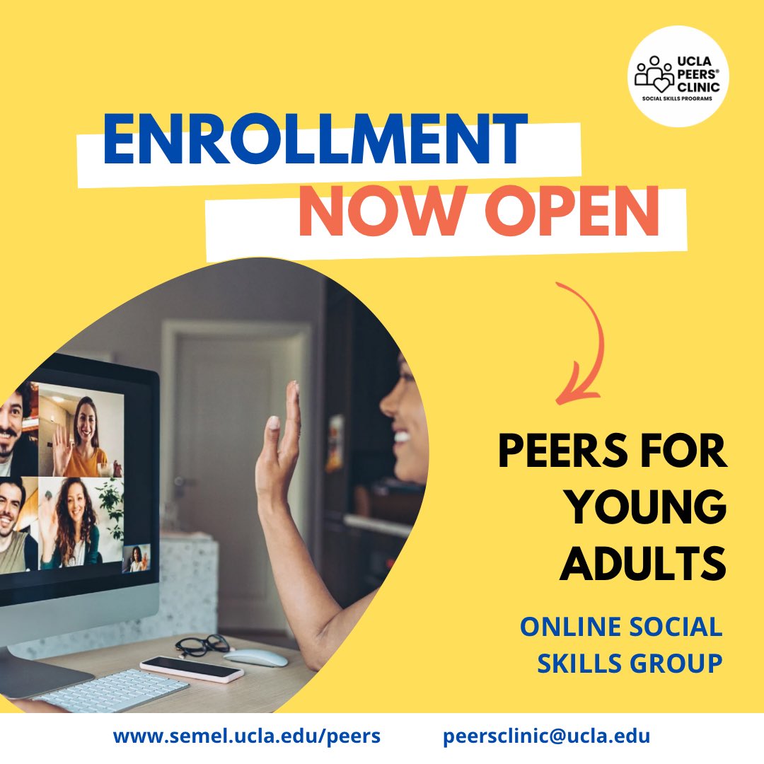 UCLAPEERS's tweet photo. Our PEERS® for Young Adults online social skills group open to anyone anywhere in California starts October 19th! The program is for adults 18-35 years old looking to strengthen friendship skills. We accept most insurance.
Contact us at peersclinic@ucla.edu. https://t.co/unWP47shO4