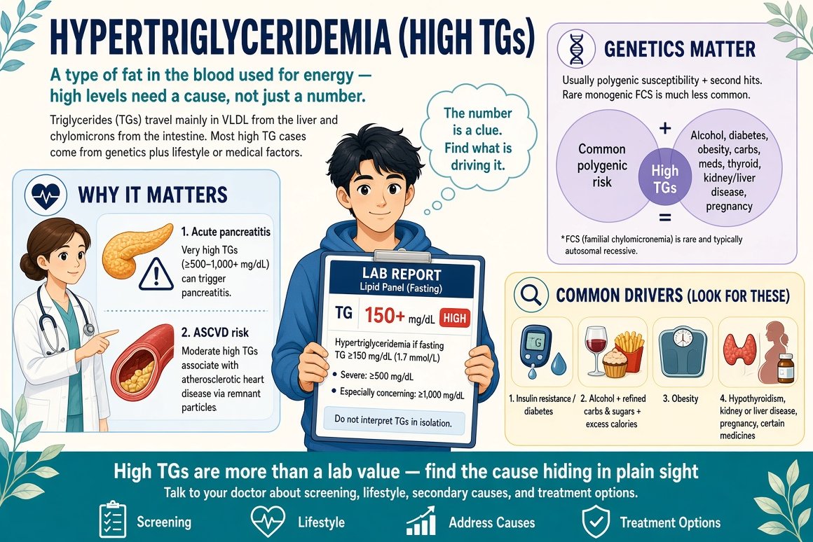 KrittanawongMD's tweet photo. What are triglycerides? Is it bad if they’re high? 🩸

Triglycerides (TGs) are a type of fat in your blood. Your body uses them for energy.

They’re carried mainly in VLDL (from the liver) and chylomicrons (from the intestine).

Hypertriglyceridemia = fasting TG ≥150 mg/dL (1.7 mmol/L).

Very high levels? ≥500 mg/dL is considered severe.
≥1,000 mg/dL is particularly concerning because of the risk of acute pancreatitis.

🧬 What causes high TGs?

In most people, it’s a combination of genetic susceptibility and other factors:
• Insulin resistance and diabetes
• Alcohol 🍷 
• Obesity
• Kidney or liver disease
• Hypothyroidism
• Excess calories, refined carbs & sugars
• Pregnancy
• Certain medications 💊

🧬 Genetics matter
A genetic tendency can make TGs harder to control. Common polygenic susceptibility is much more common than rare conditions such as familial chylomicronemia syndrome.

🔴 Why does it matter?
Very high TGs can cause acute pancreatitis, a potentially serious inflammation of the pancreas.

🫀 What about heart disease?
High TGs are associated with atherosclerotic cardiovascular disease (ASCVD) and may reflect an excess of atherogenic remnant particles.

So, don’t look at triglycerides in isolation.

Find the cause hiding in plain sight.

#Cardiology #Lipidology #Hypertriglyceridemia #ASCVD #Pancreatitis #PreventiveCardiology