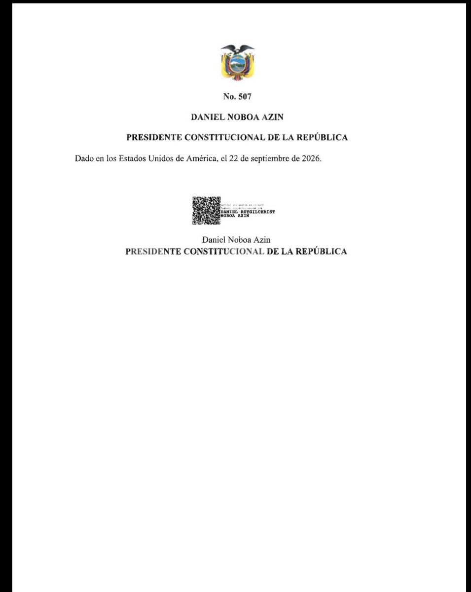 ecuainm_oficial's tweet photo. ‼️#URGENTE
El presidente Daniel Noboa dispuso, mediante el Decreto Ejecutivo 507, suspender la jornada laboral en todo el país para los sectores público y privado el viernes 20 de noviembre de 2026. La jornada no será recuperable. La medida se adopta en el marco del Festival Internacional de Artes Vivas de Loja. 
EN