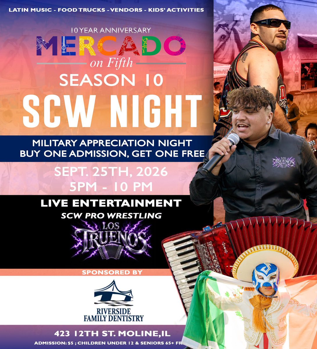 SCWPro's tweet photo. Your next opportunity to see us LIVE is this Friday at Mercado on 5th in Moline, IL!

The action kicks off at 6pm, so grab 10 of your best friends and come on out and enjoy some great hard-hitting, high-flying action!

Admission is just $5! https://t.co/fusqJ3hQtP