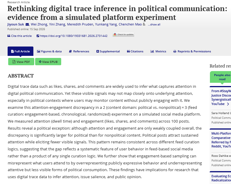JITP_APSA's tweet photo. 🆕 This study uses digital trace data from 100 #socialmedia posts to map out attention discrepancies in #politicalcom
@jiyoun_suk @UConn @rociozhong @SBUpolisci @yinizhang2011 @CommDepUB @yangyunkang @TAMU @difrad @LehighU
➡️https://t.co/c8U31eBKMD
@APSAtweets 
@apsa_itp https://t.co/sNWCBfbIO4