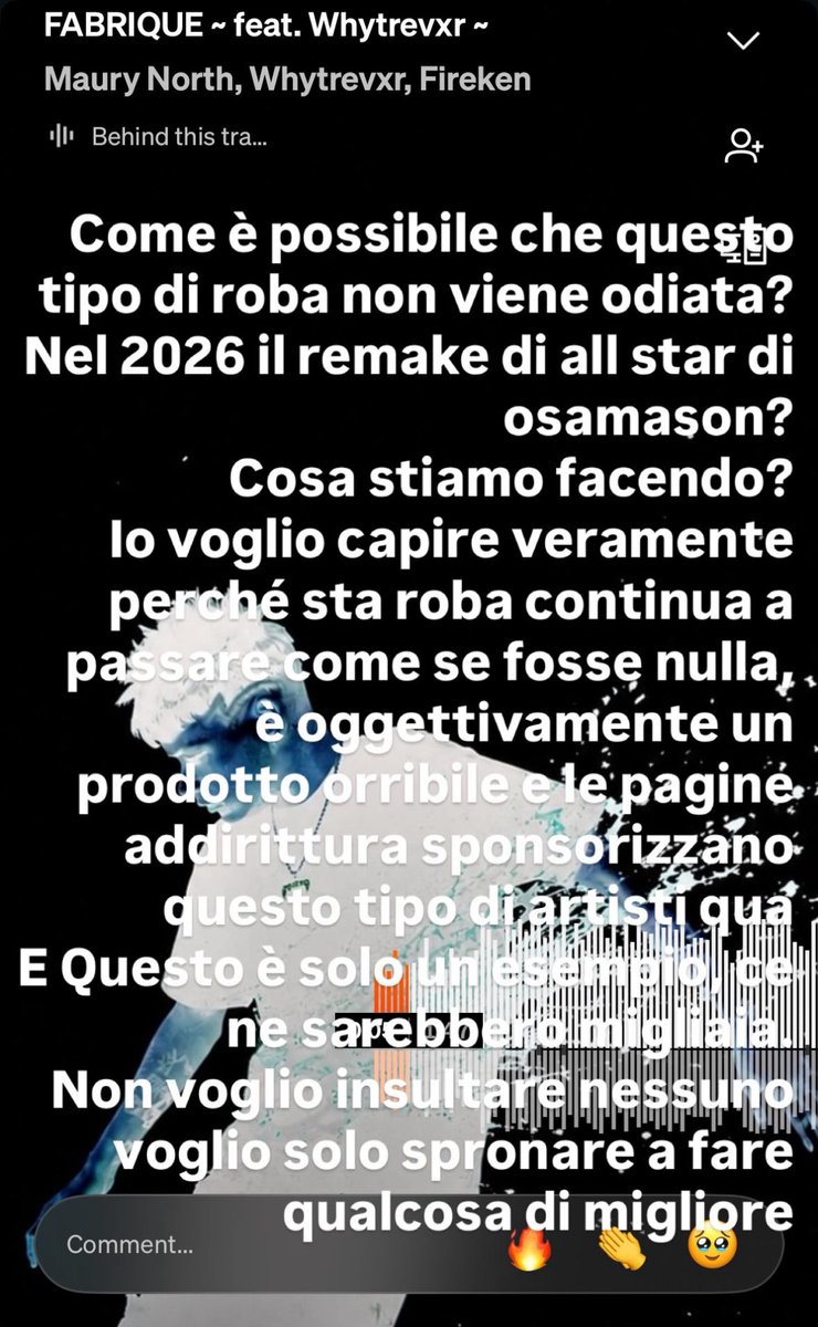 p3rcsanity's tweet photo. Dreiuz, parlando di un brano di Maury North in collaborazione con WhyTrevxr e Fireken, lo ha definito un “prodotto orribile”, chiarendo però di non avere nulla contro il brano in particolare e di non voler offendere nessuno, ma di voler spronare gli artisti a creare qualcosa di migliore. 📲

«Come è possibile che questo tipo di roba non viene odiata?
Nel 2026 il remake di all star di OsamaSon? Cosa stiamo facendo?» 

«lo voglio capire veramente perché sta roba continua a passare come se fosse nulla, è oggettivamente un prodotto orribile e le pagine addirittura sponsorizzano questo tipo di artisti qua.» 

«Non voglio insultare nessuno voglio solo spronare a fare qualcosa di migliore.»