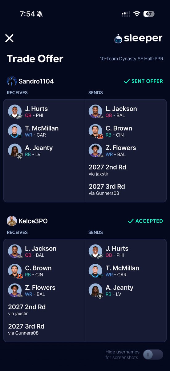 MercedSandro's tweet photo. @SleeperNFL Who won this trade? https://t.co/snUZRbMdzx