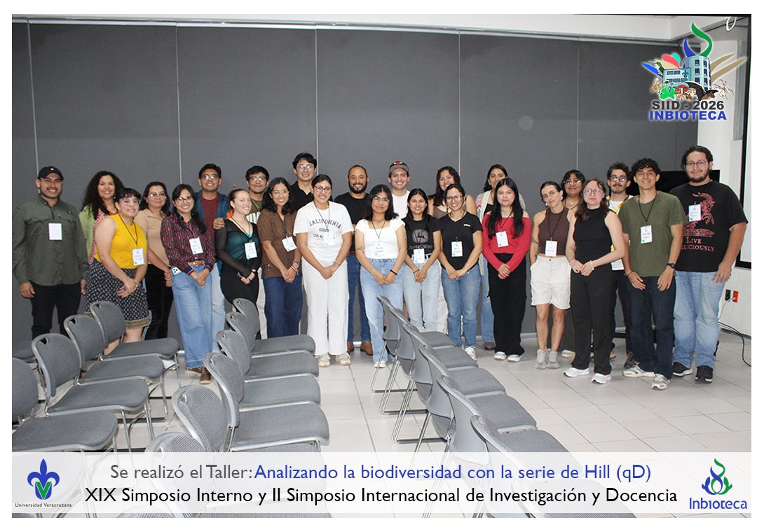 inbioteca's tweet photo. Se realizó el taller: Analizando la biodiversidad con la serie de Hill (qD) impartido por el Dr. Omar Hernández Dávila en el marco del XIX Simposio Interno y II Simposio Internacional de Investigación @inbioteca #OrgulloUV #UniversidadVeracruzana
https://t.co/yLD9F4B6h1 https://t.co/0Dw9uYlLii