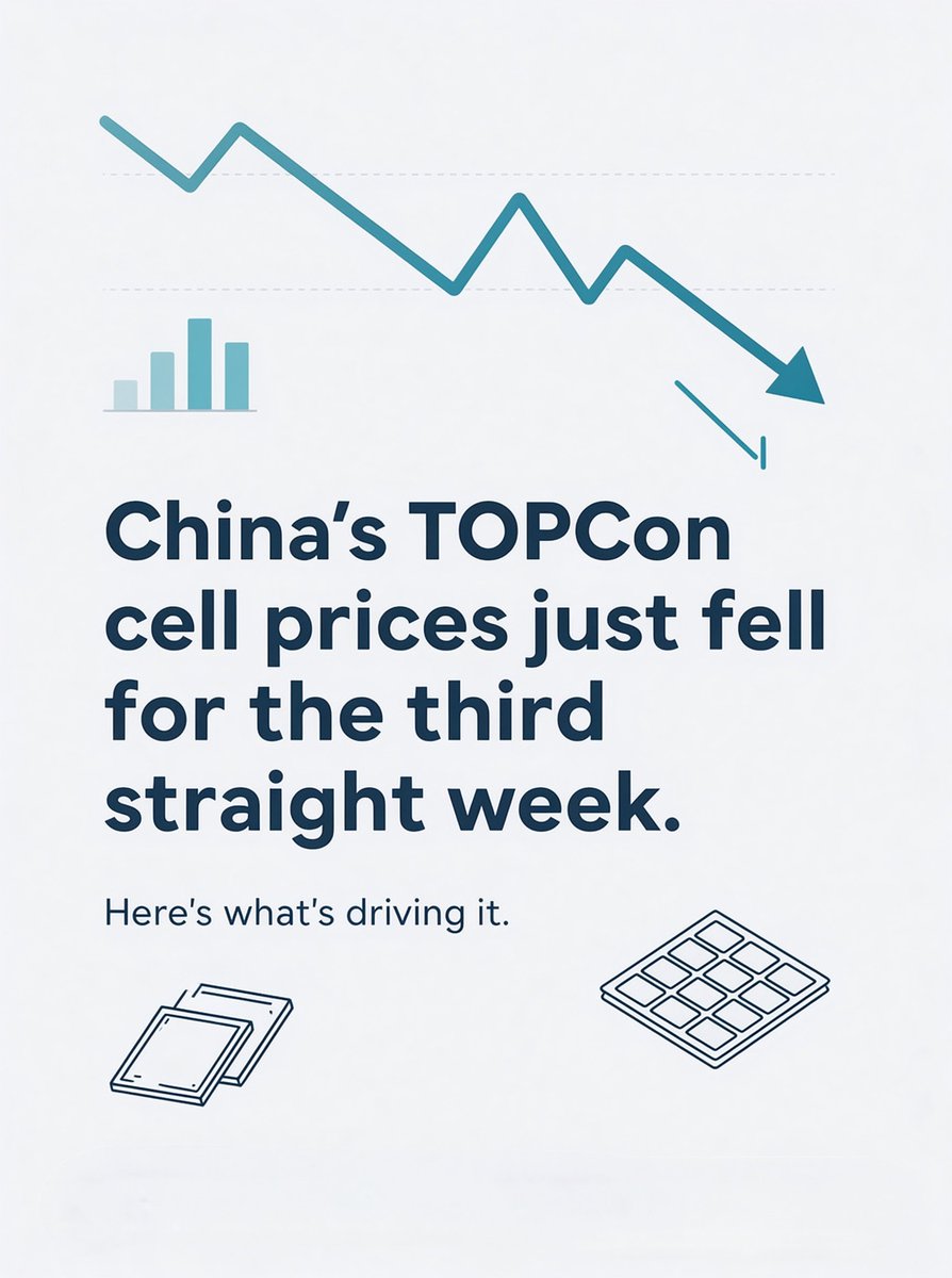 SNECPVPOWEREX's tweet photo. According to OPIS (a Dow Jones company), FOB China TOPCon cell prices declined again as the export-buying rush faded and wafer/silver costs eased.

📊 The numbers (week of Sept 15):

🔹 TOPCon M10 cells: $0.0469/W (−2.29% WoW)
🔹 TOPCon 210R cells: $0.0458/W (−1.72% WoW)
🔹 Both formats ~12% below late-August peaks — but still 18–20% above Aug 4 levels

🔍 What's behind the decline:

▪️ Export restocking fade — overseas buyers loaded up ahead of US Section 232 measures (effective Dec 4); warehouses are now full
▪️ Weak domestic demand — Document 136's shift to market-based electricity pricing has cut expected project returns vs. fixed tariffs
▪️ Cost relief — silver prices fell up to 9% from late-August peak; wafer prices also softening

🏭 Supply side:

▪️ China's August cell output: 67.02 GW (+1.9% MoM, but −12.9% YoY)
▪️ Jan–Aug output: 505.90 GW (−14.6% YoY)
▪️ M10 wafer prices flat at $0.149/pc; 210R down 1.92% to $0.153/pc

🔮 What to watch:

▪️ Will wafer makers cut prices further or reduce output to generate cash flow?
▪️ Reports of a production-cut agreement between CPIA and 10 major polysilicon makers — reportedly operating at 35% of nominal capacity (unconfirmed)
▪️ Wafer inventories are starting to decline — now under two weeks of production

💡 SNEC's Insights:

This update captures a market in transition — and the signals are mixed.

1️⃣First, the export rush was a pull-forward, not real demand. Buyers front-loaded ahead of US Section 232, and now that inventories are stacked in overseas warehouses, the underlying weakness is showing. This is a classic policy-driven demand bubble deflating.
2️⃣Second, domestic policy is reshaping economics. Document 136's move to market-based pricing is a structural shift — it forces projects to compete on real returns rather than guaranteed tariffs. Short-term pain, but arguably a healthier market long-term.
3️⃣Third, the polysilicon production-cut story matters — if true. Operating at 35% of nominal capacity would be a dramatic supply-side intervention. But until verified, treat it as a signal of intent rather than a done deal. If implemented, it could stabilize polysilicon prices and tighten wafer supply — but it also risks distorting the market further.

The bigger picture: solar manufacturing is still working through the overcapacity created by years of breakneck expansion. Price declines are painful for producers, but they're also the mechanism that forces consolidation and restores balance. The question isn't whether the shakeout happens — it's how long it takes and who survives.

👇 Do you think the reported polysilicon production cuts will actually materialize?

 Source: OPIS / pv magazine
Read the full article: https://t.co/tqfsV4475v

#Solar #SolarCells #TOPCon #Polysilicon #Wafers #PV #SolarManufacturing #Renewables #CleanEnergy #EnergyTransition #SupplyChain #SolarPrices #Sustainability #SNEC