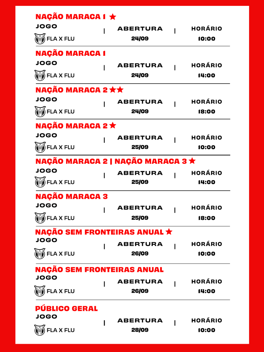 Flamengo's tweet photo. ATENÇÃO PARA A ABERTURA DE VENDAS! 🔴⚫

Nação, as vendas de ingressos para o Fla-Flu começam na amanhã (24). Confira as informações e saiba quando garantir o ingresso para apoiar o Mengão no Maraca!

🎟️ https://t.co/nqvOZwfkTz https://t.co/0x3Wgh2jsH