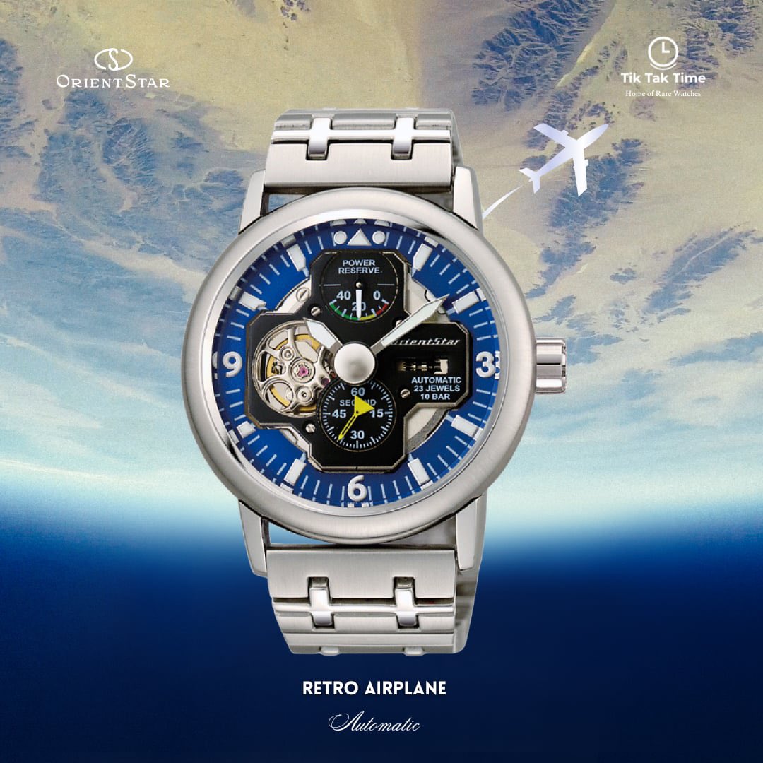 TiktaktimeInfo's tweet photo. ✈️ Orient Star Retro-Future Airplane Concept (YFH04001D) — made in Japan and powered by automatic movement. Features sapphire crystal, a skeleton case-back, and a bold 44mm stainless-steel design with a solid bracelet. ⌚💙 #OrientStar #Automatic #MadeInJapan https://t.co/jc29Im3QCH