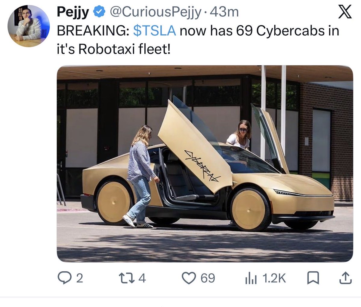 LukasNauer's tweet photo. @CuriousPejjy I can’t like this — 69 likes for 69 Cybercabs is too perfect to ruin. https://t.co/n0MKj8ifkR