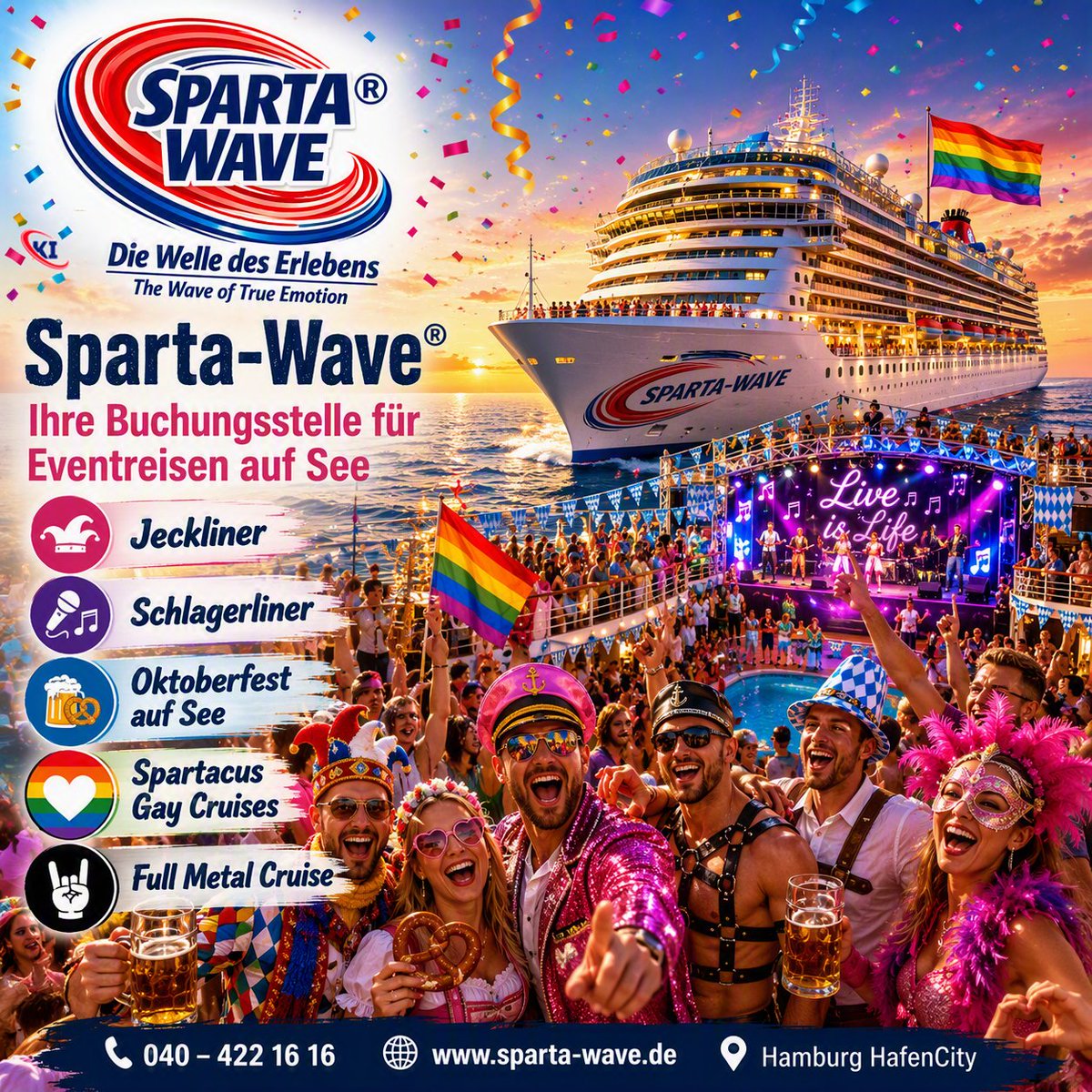 Reiselotsen's tweet photo. Ad📢KI🌊 Neu bei Reiselotsen:
Unsere Premium-Reisemarke Sparta‑Wave® bietet ab sofort ausgewählte Musik-, Party- und Eventkreuzfahrten.
🎭 Jeckliner
🎧 Millennium Cruise
🎤 Schlagerliner
🍺 Oktoberfest auf See
🌈 Spartacus Gay Cruises
🤘 Full Metal Cruise
https://t.co/Eswkivt79d https://t.co/FvydOImTEF