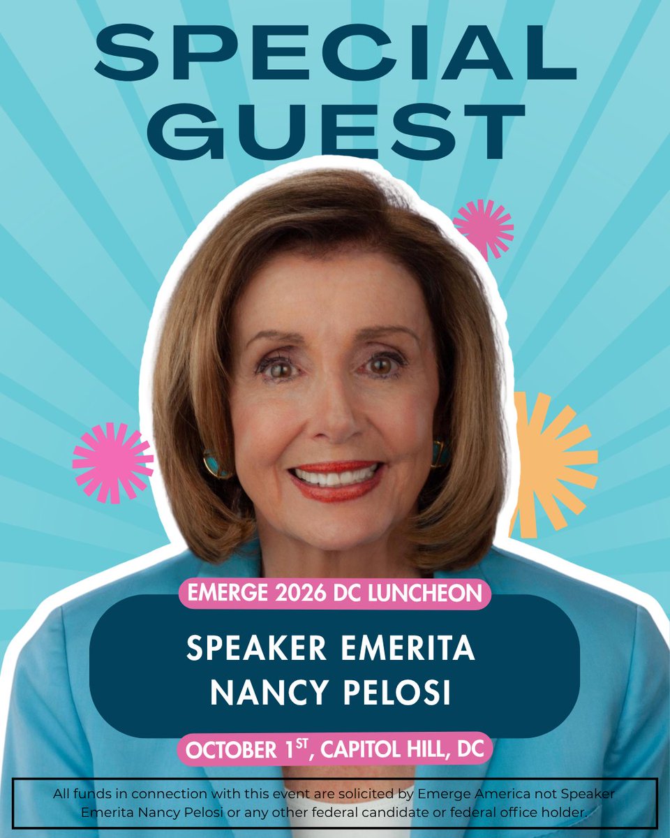 EmergeAmerica's tweet photo. We have some exciting news for this year’s Fall Luncheon: we will be joined by a very special guest, Speaker Emerita Nancy Pelosi (@TeamPelosi)! 

We are bringing together some of the most powerful women in our network for a morning of conversation and a whole lot of momentum heading into November.

📅 When and Where: Capitol Hill in Washington, DC, on October 1st, 2026, at 11:00 a.m. ET.

RSVP here: https://t.co/RthqqpBbln
