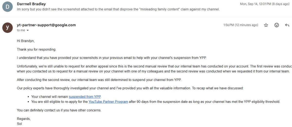 DarrnellBradley's tweet photo. THEY DENIED MY LAST APPEAL! Luckily my channels was already reinstated but this goes to show that there is absolutely no coordination with youtube and that these demonetizations are bullshit! https://t.co/gsXSKsSZqN