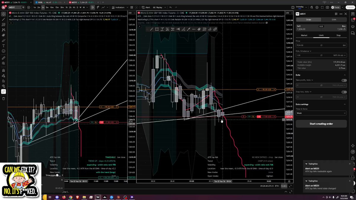 morty_trades's tweet photo. The first short at 9:24, as it looked at the fill. Three contracts off a five minute close below the trend line, stop above the band, target at the overnight low. My 15 minute panel on the left was still reading trend up. Fifteen minutes later one candle ran seven points through the stop.