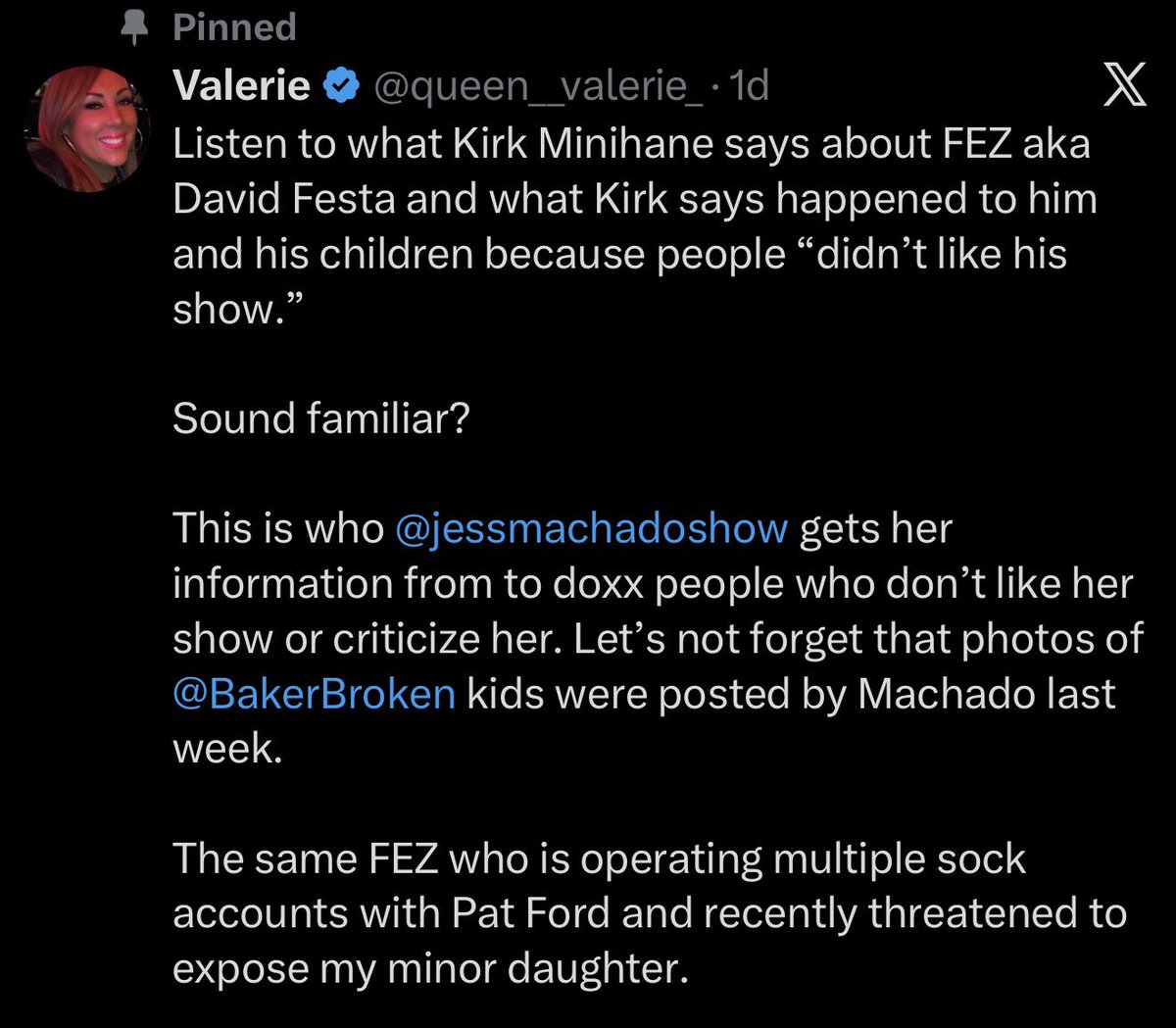 pfordroyals22's tweet photo. It’s so perfect. Val has become the psychopath that she hated that most. 

Only difference between Hailley and Val at this point is that Hailleys kids were posted, by Val, and others granted. 

But a “sock” (stupidest fucking name for a burner account btw) account tweets a picture from big stupids Facebook and the victim tour rolls on. 

Val is Hailley. It’s so beautiful to watch unfold. This is my official ask for the receipts the proof all of it. Bury me, bury fez, drop em husk!!!! Bahahahahahaha