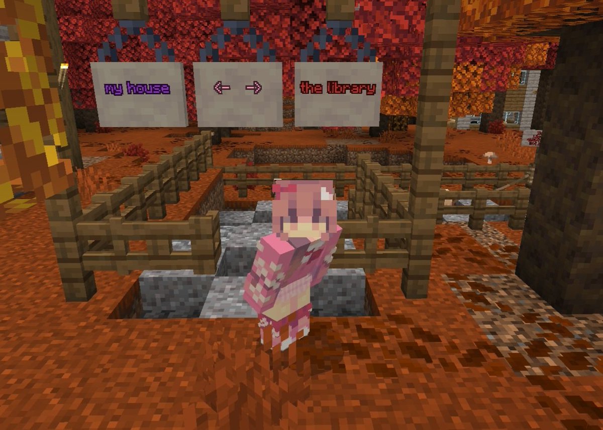 Rubyplayzzzz's tweet photo. It's the one with the purple banners, by the way, then you have a little way to the library, then you have one of the houses, you have another house, which is the blue one, that's magenta, one is my favorite one, it's really cute. https://t.co/B03zE7M5n8