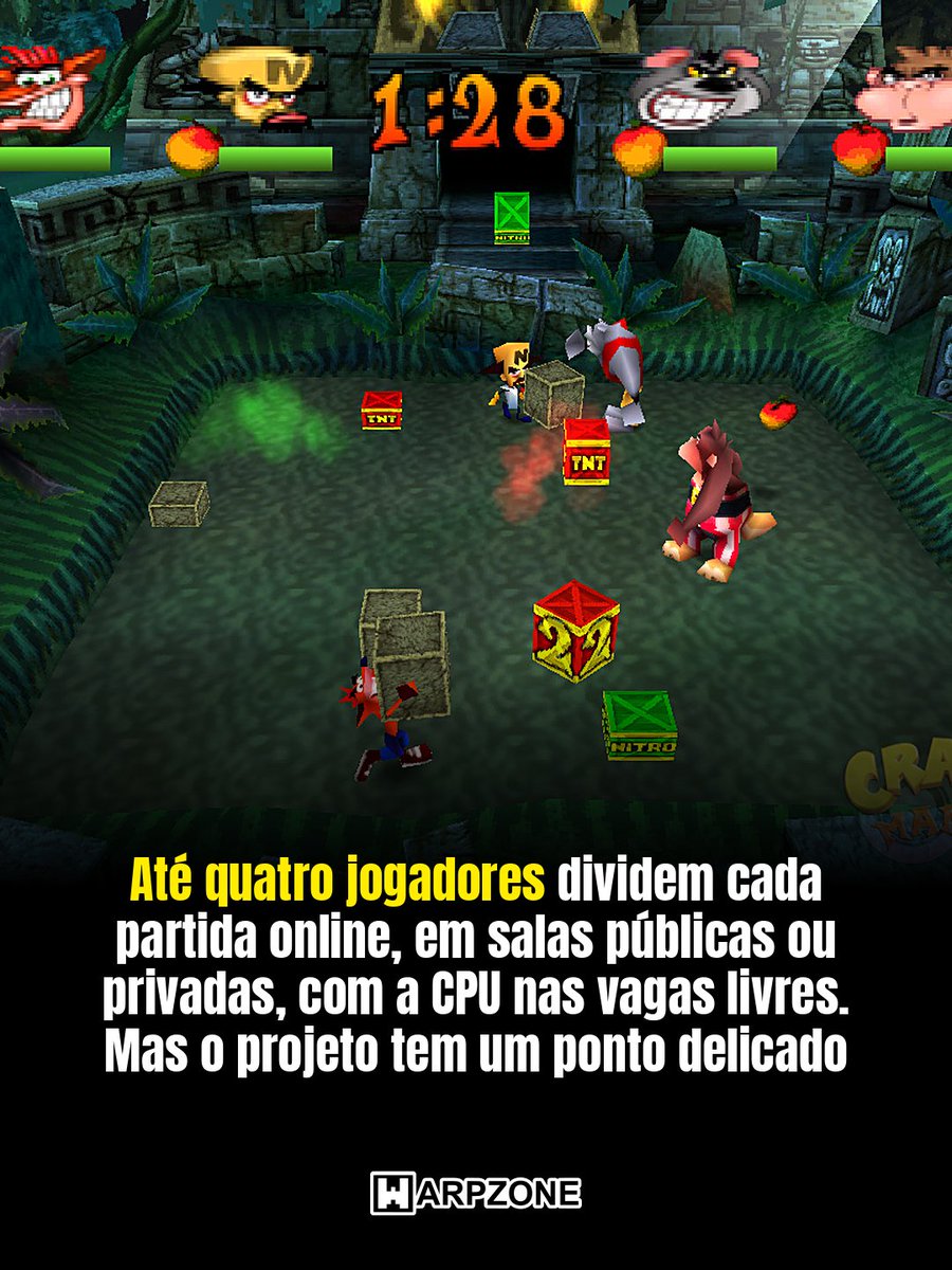 WarpZoneMe's tweet photo. Crash Bash ganha uma versão não oficial online e gratuita no navegador. Recriado por um fã, o clássico de 2000 do PS1 roda sem emulador e sem instalação, com partidas para até quatro jogadores, mas o projeto não é oficial e pode ser retirado do ar.

#CrashBash #CrashBandicoot #Wa https://t.co/Tnh4V2kM3F