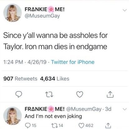 xbeckilang's tweet photo. taylor swift releasing music the same week iron man dies TWICE is so fucking funny to me https://t.co/JTPUM3xdhq